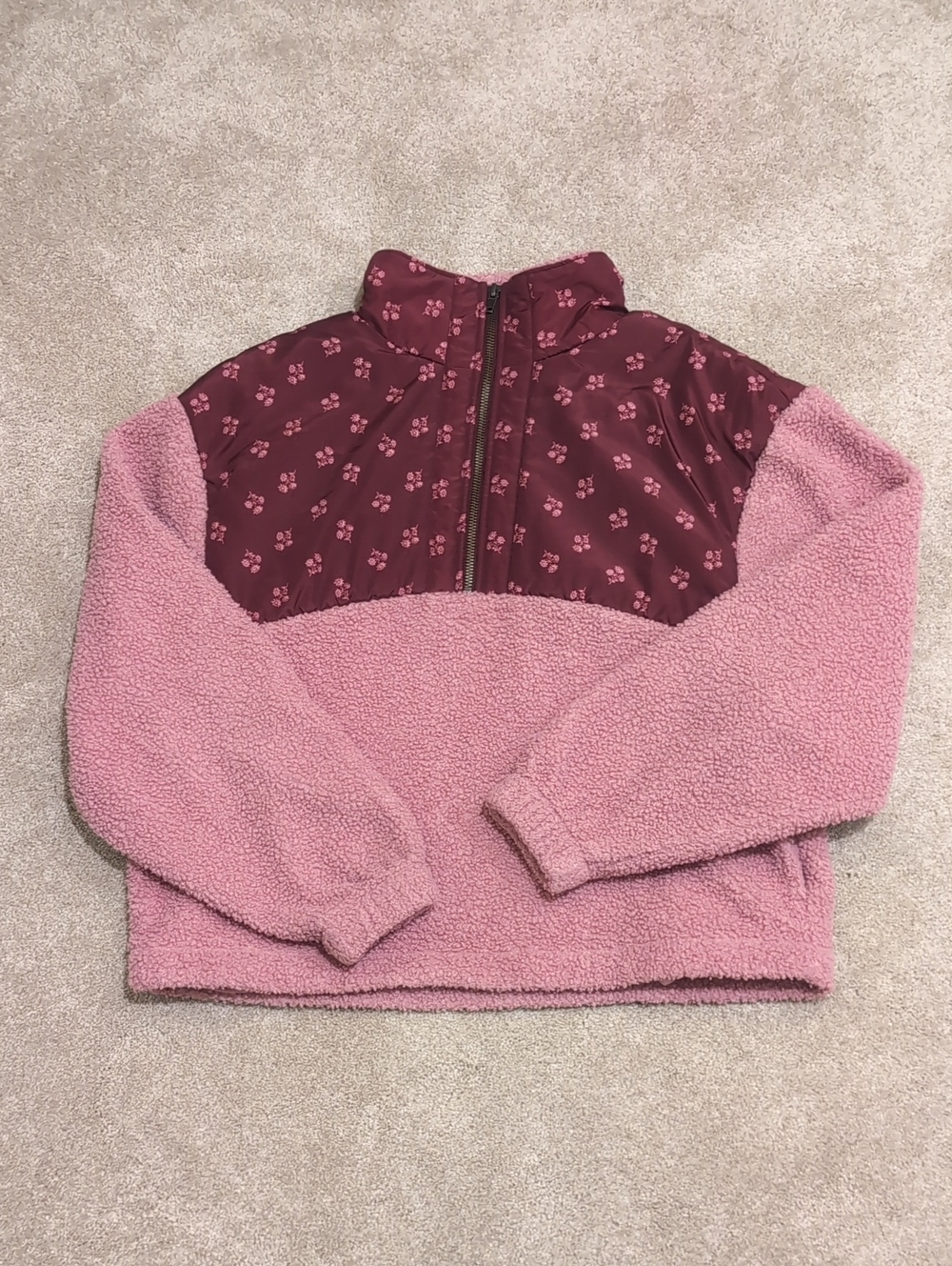 Universal Thread Pink Sherpa Half-Zip Pullover with Burgundy Floral Yoke